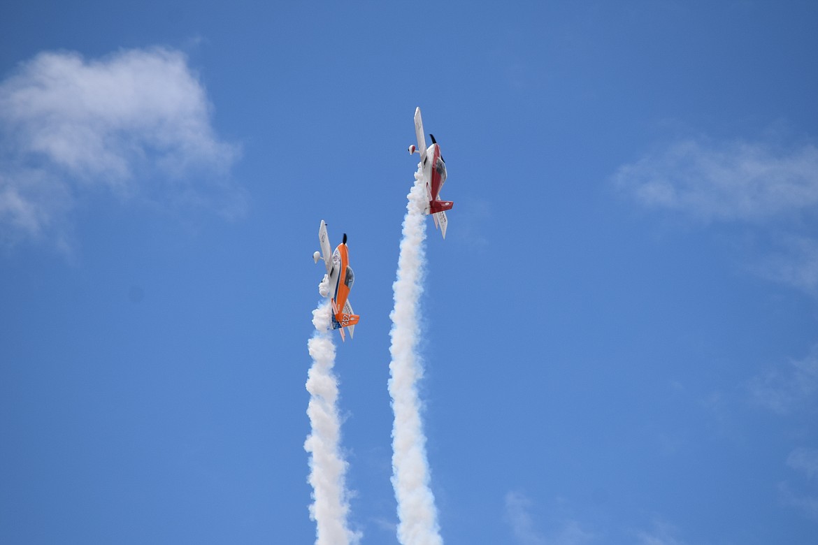 The flying team of Undaunted Airshows — Stephen Christopher and Todd Rudberg — during the 2022 Moses Lake Airshow. Undaunted is not scheduled to return for the 2023 air show.