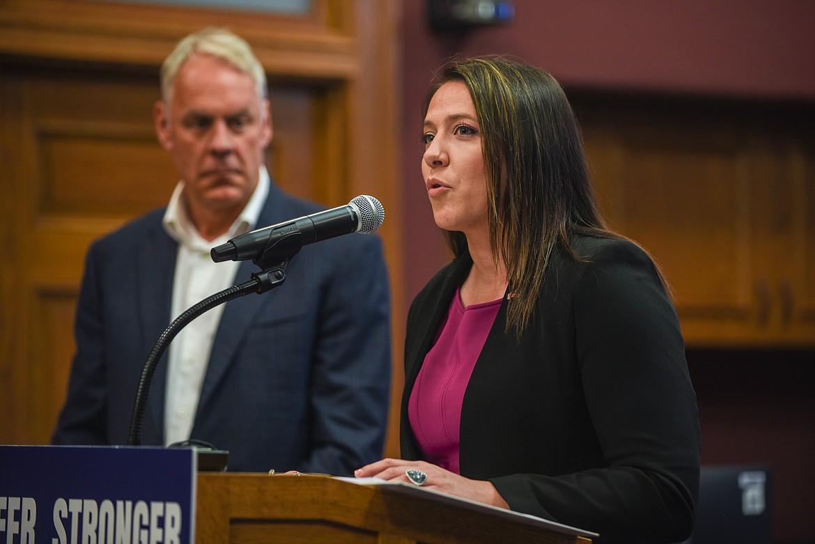 Rep. Courtenay Sprunger, R-Kalispell, speaks at a bill signing ceremony at the Flathead County Courthouse on June 9, 2023. Congressman Ryan Zinke is seen behind her. (Kate Heston/Daily Inter Lake)
