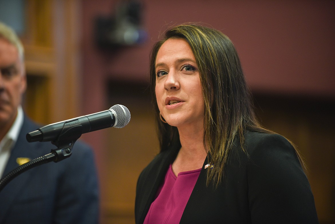 Rep. Courtenay Sprunger, R-Kalispell, speaks at a bill signing ceremony at the Flathead County Courthouse on June 9, 2023. (Kate Heston/Daily Inter Lake)