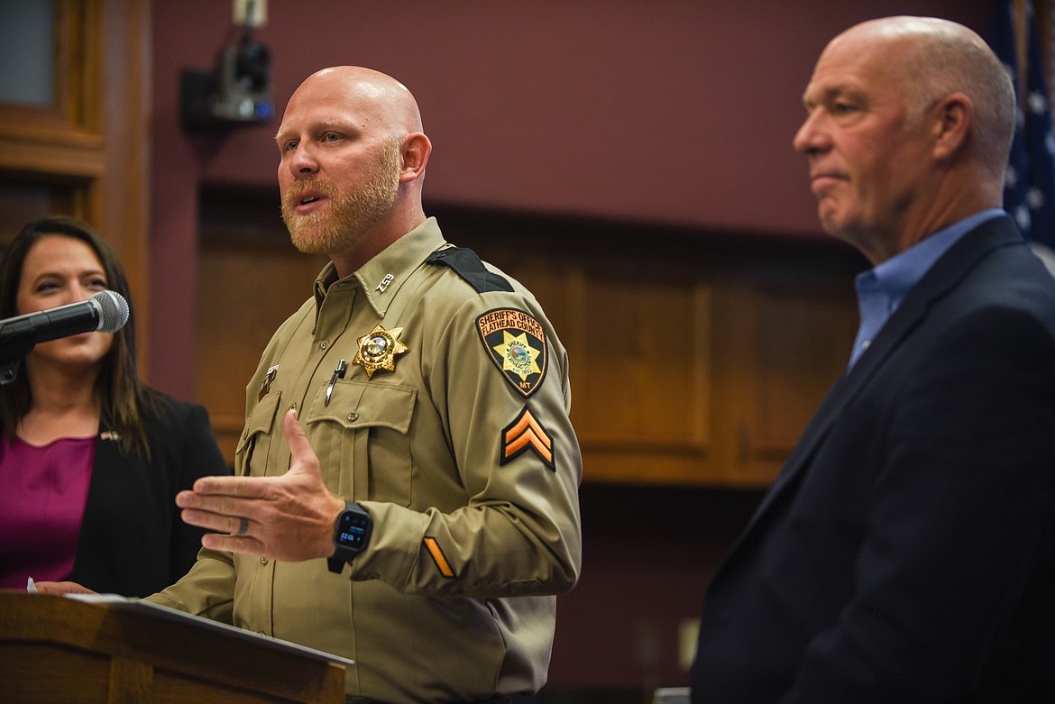 Corporal Charles Pesola, of the Flathead Sheriff’s Office, speaks at a bill signing ceremony on June 9, 2023. (Kate Heston/Daily Inter Lake)