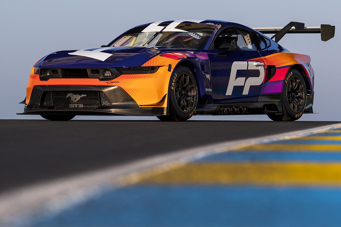 This image provided by Campbell Marketing shows the new Ford Mustang GT3 race car, Tuesday, June 6, 2023, at Le Mans, France. Ford has planned a return to the 24 Hours of Le Mans with its iconic Mustang muscle car next year under a massive rebranding of Ford Performance aimed at bringing the automotive manufacturer “into the racing business.” (Drew Gibson/Campbell Marketing via AP)