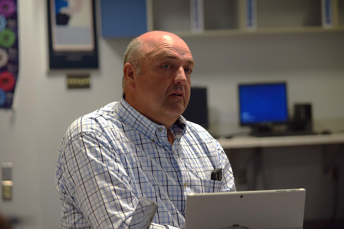 Shane Cox, the newest member of the Warden School Board, at the board’s regular meeting on Thursday. Cox, a farmer and rancher, succeeds Doug Skone, who resigned from the board earlier in the year.