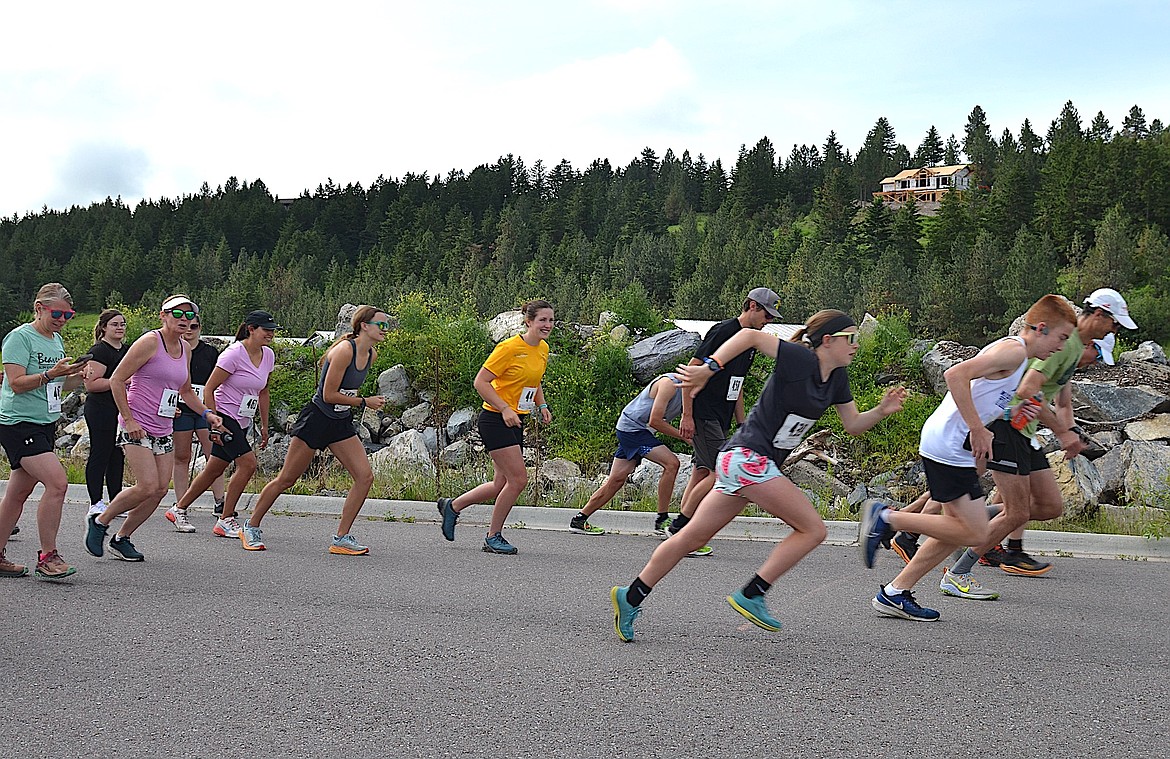 Around 35 runners head for the hills during the Fish out of Water Fun Run, held Saturday during Mission Valley Aquatics 10th anniversary celebration.
The Polson Running Club hosted this 3.5- and 4.6-mile trail run. (Kristi Niemeyer/Leader)