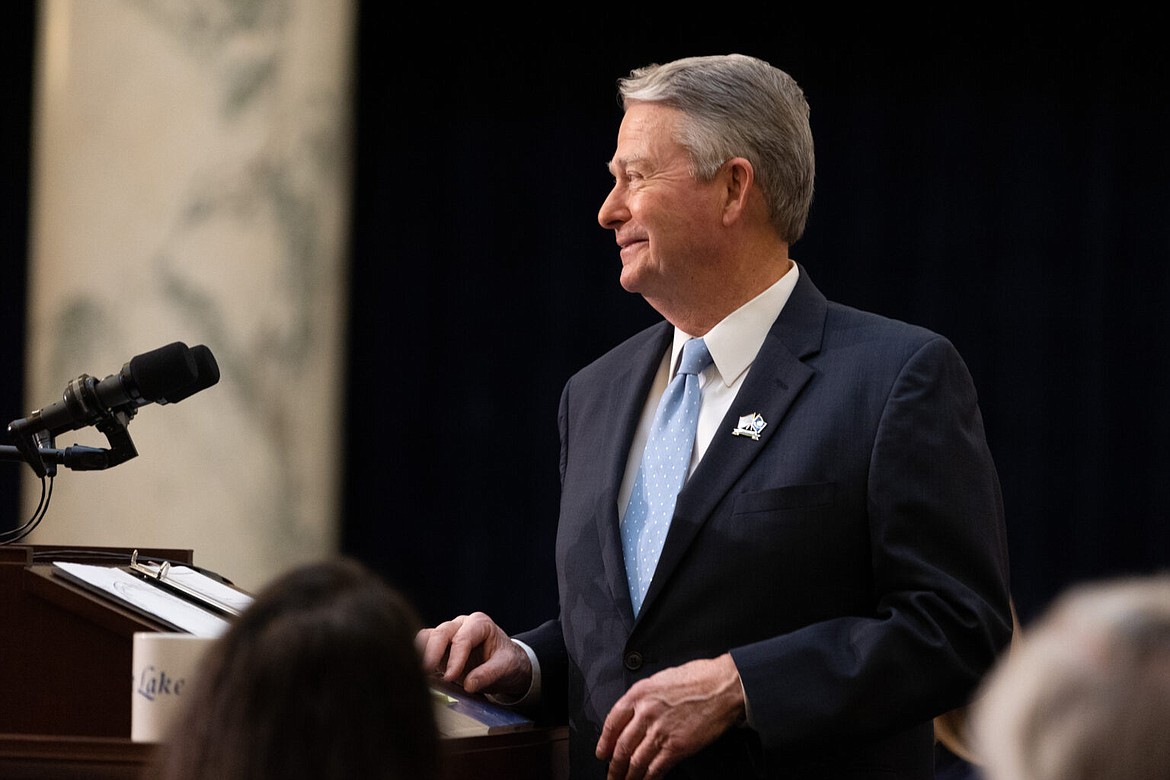 Idaho Gov. Brad Little gives his State of the State speech in the House chambers of the State Capitol building on Jan. 9, 2023.