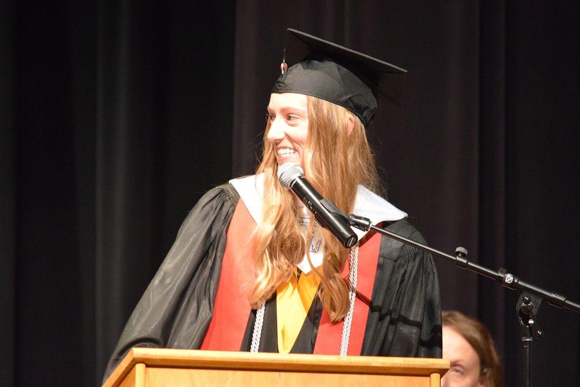 ACH High School salutatorian Prairie Parrish addresses her fellow graduates at the end of her speech on Saturday. “So let’s go out there and make some memories doing what we love,” she said, adding, “yeah, we did it!”