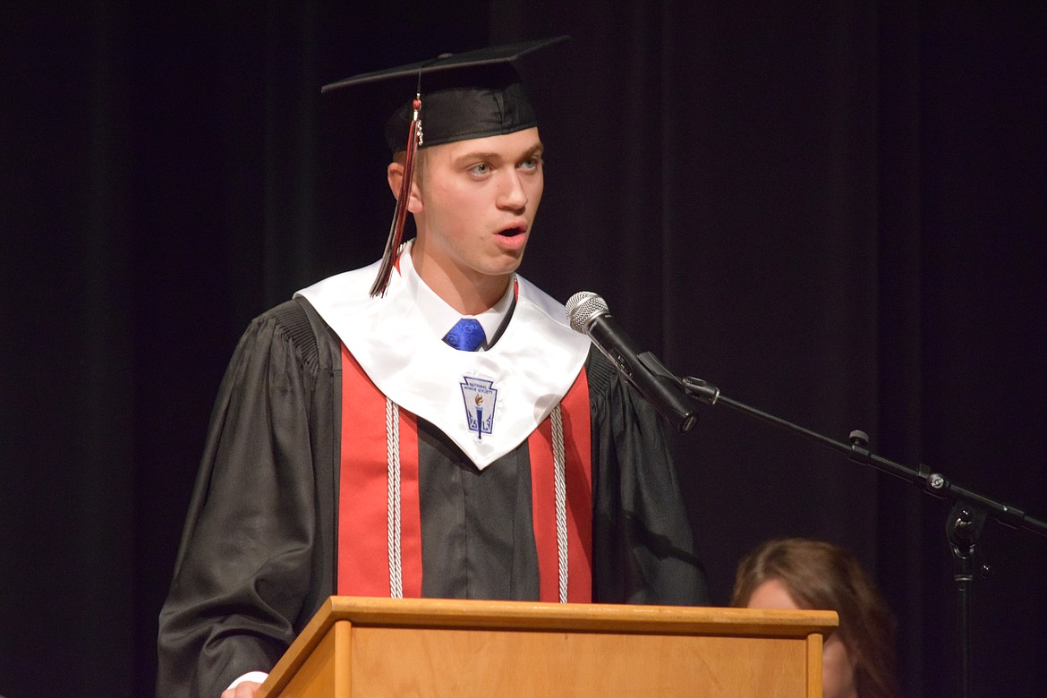 Almira Coulee Hartline High School graduate and Senior Class President Cody Allsbrook addresses his fellow graduates, family members and friends at the start of the ACH High School graduation ceremony on June 10.