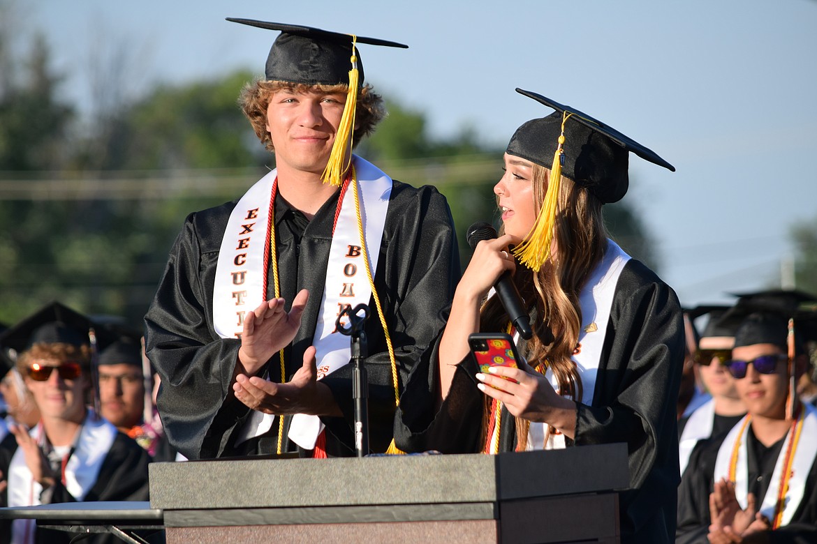 Ephrata High School graduating seniors Travis Hendrick and Samantha Moore as they prepare to introduce the first student speaker.