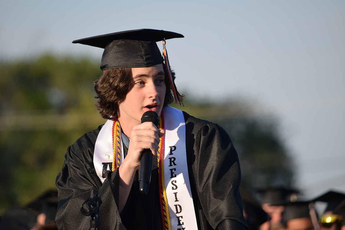 Ephrata High School Associated Student Body President for 2023 Zeke O’Donnell speaking during the school’s 2023 graduation ceremony.