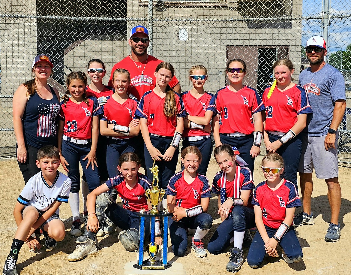 Courtesy photo
The 10U Lake City Thunder girls fastpitch softball team took first place in the Silver Bracket at the SGFSA Summer Classic tournament last weekend in Spokane, Washington. In the front row from left are bat boy Max Spencer, Kennedy Spencer, Kaitlyn Grantham, Margarita McCormick and Mila McGraw; middle row from left, coach Shannen Vigarino, Lauren Vigarino, Gianna Nevills, Katelyn Drake, Sienna Williams, Bailey Brookshire, Lyla Shaler and coach George Drake; and back row from left, KariDee Jones and coach Zack Jones.