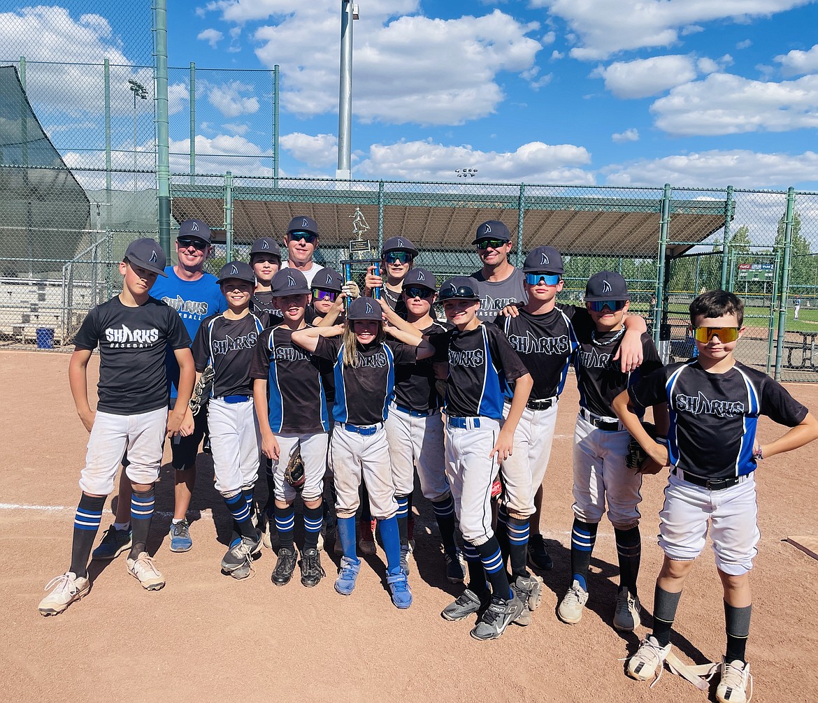 Courtesy photo
The 12U North Idaho Sharks baseball team took third place last weekend at the Sports Forum Summer Slam Tournament in Yakima, Wash. In the front row from left are Cooper Fordham, Kyle Everson, JJ Larson, Kovack Dolan, Jack Kreis, Bryce Petrella, Blake Anderson, Trent Lilyquist, Clay Larwin, and Nash Russell; and back row from left, coach Jeff Kreis, Rixton Bateman, coach Jon Larson, Caleb Brumbach and manager Dave Everson.