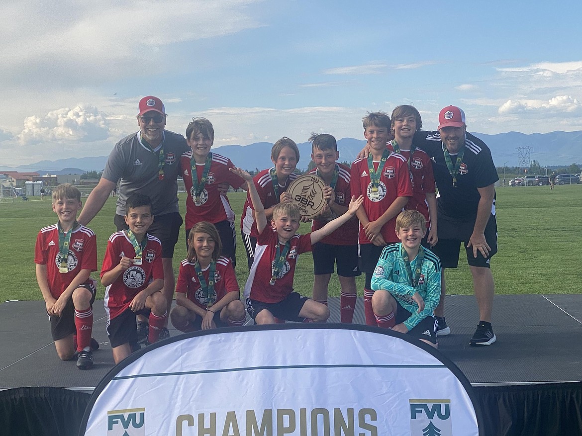 Courtesy photo
The Timbers 2012 boys soccer team won its division at the recent 3 Blind Refs Tournament in Kalispell, Mont. In the front row from left are Reece Ballou, Henry Bowlby, Camden Nelson, Weston Gimbal and Cooper Nusser; and back row from left, coach Robin Bundy, Sander Bundy, Colin Hutchins, Mason Melison, Breesen Ellis, Evan Peck and coach Nick Funkhouser.