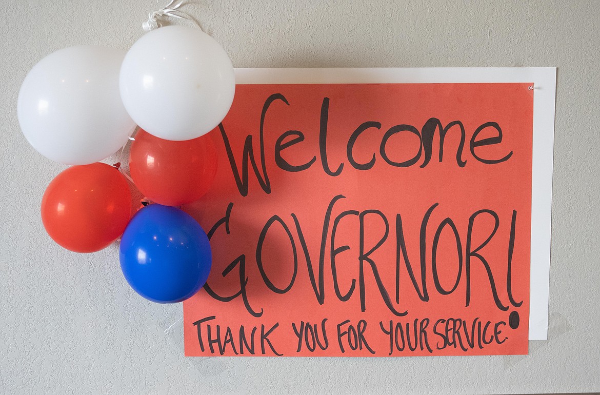 A welcome sign made by Melody Kauffman greets Gov. Greg Gianforte during his stop in Plains last week. (Tracy Scott/Valley Press)