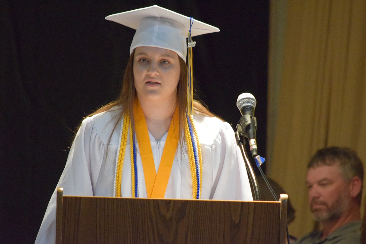 Wilson Creek High School valedictorian Aimee Willis addresses her fellow graduates — all six of them — as well as faculty, staff, family and friends at the school’s annual graduation ceremony June 3.