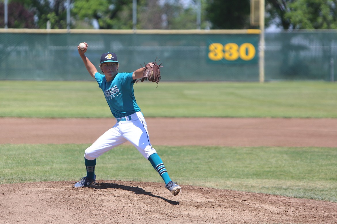 A pitcher for the Columbia Basin Riverdogs pitches against the Warrior Baseball Club in the semifinals of the 13/14U division bracket at the Pete Doumit Memorial Tournament on Sunday.