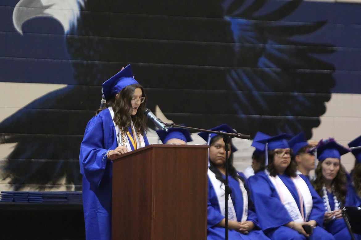 SLHS grad 3
IAN BIVONA/COLUMBIA BASIN HERALD
Associated Student Body President Madison Pearce gives her speech during Soap Lake High School’s graduation on Saturday.