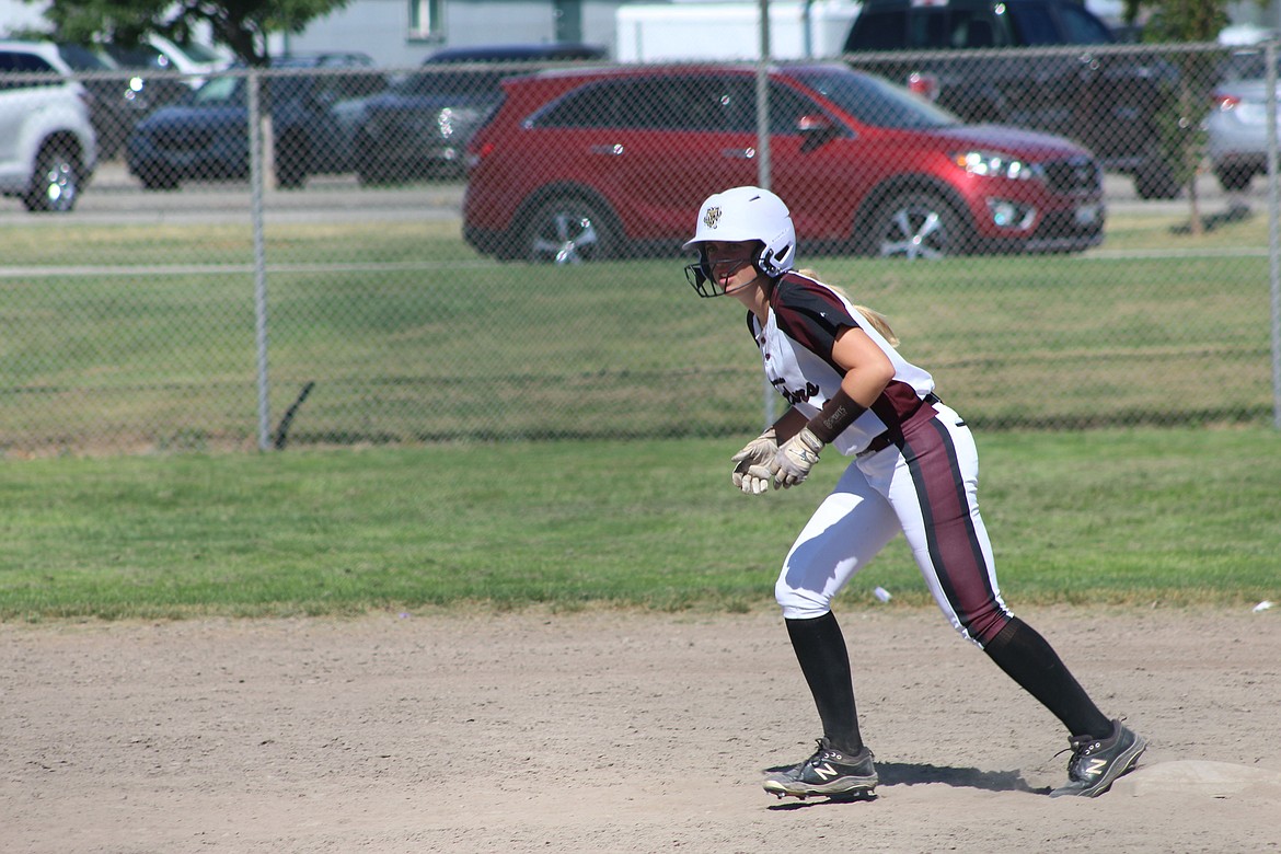 Moses Lake Rattlers’ Addison Lawrence leans off of a base during a game at the Kate Austin Memorial Tournament in Pasco over the weekend.