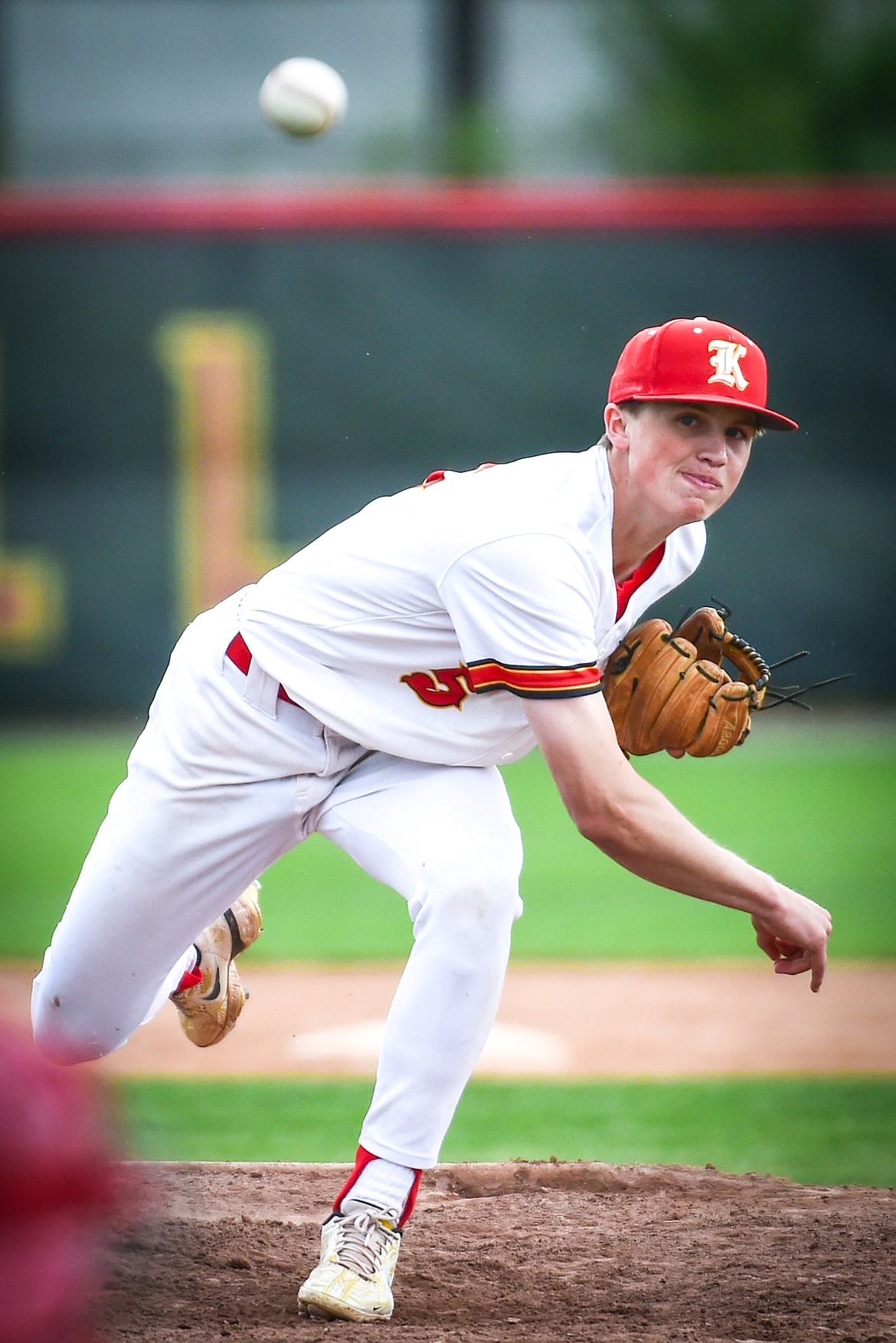 Kalispell Lakers AA starting pitcher Carter Schlegel (5) delivers in the first inning against the Helena Senators at Griffin Field on Wednesday, June 14. (Casey Kreider/Daily Inter Lake)