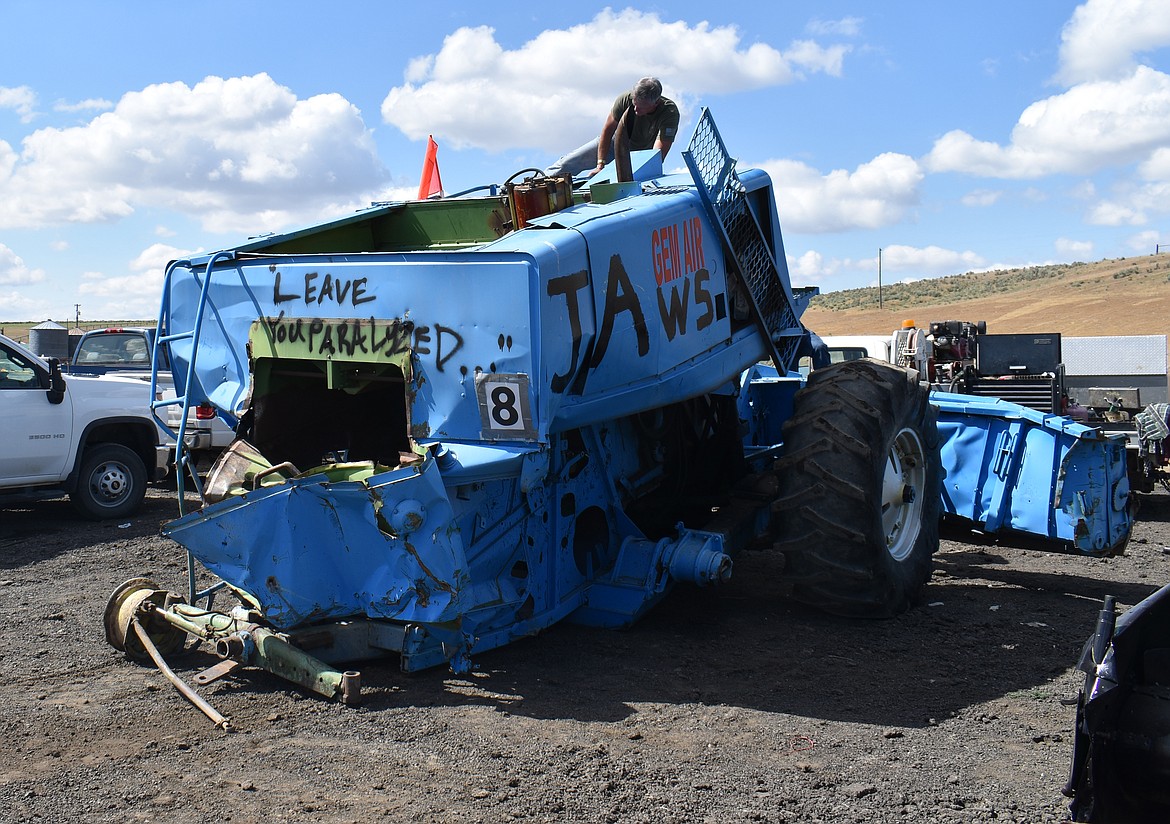 The spray-painted threat on the back of Jaws, driven by Chris Geier, appears to have been in vain as the combine’s battered remains sit outside the Lind Lions Club Arena.