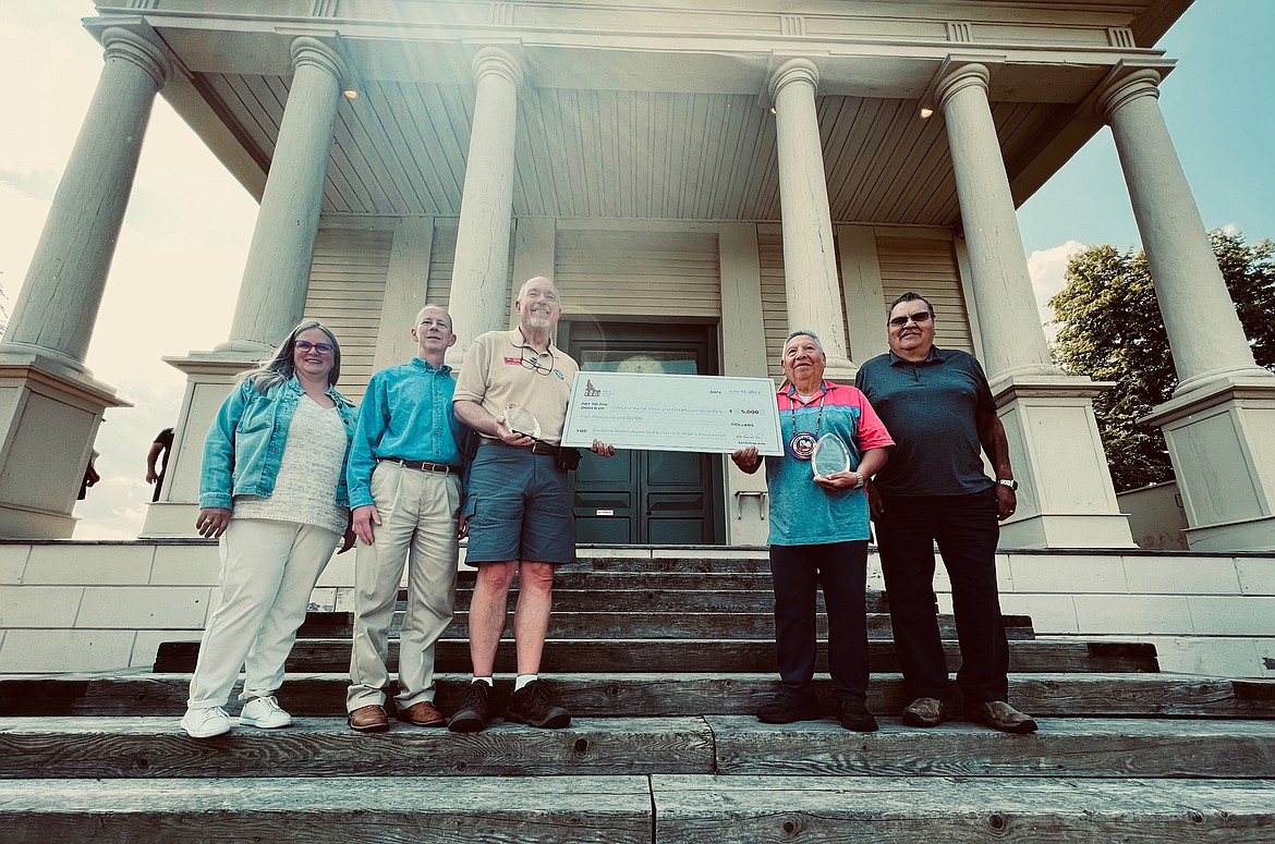 The Idaho Heritage Trust presented the first-ever Frederick Walters Award for Excellence in Historic Preservation to the Idaho Department of Parks and Recreation and the Coeur d’Alene Tribe for their extensive work at Old Mission State Park. From left, Idaho Heritage Trust Executive Director Katherine Kirk and Trustee Dennis O'Brien, Idaho Parks and Recreation North Idaho Director David White and Coeur d'Alene Tribal Council members Ernie Stensgar and Donald Sczenski.