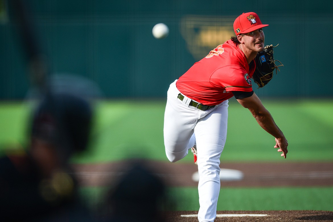 Glacier Range Riders starting pitcher Nick Zegna (38) delivers in the first inning against the Missoula Paddleheads at Glacier Bank Park on Friday, June 16. (Casey Kreider/Daily Inter Lake)