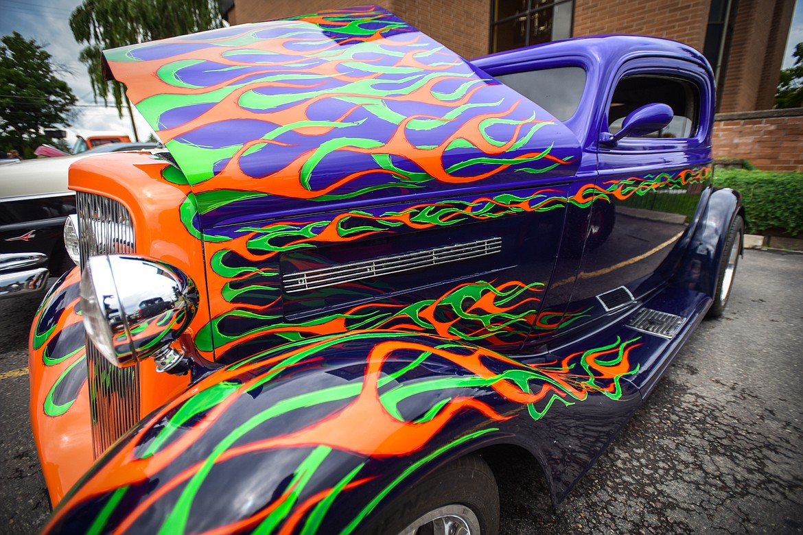 A custom paint job on a 1934 Chevy Coupe owned by John and Ronda Gibbs  at The Big Shindig outside The DeSoto Grill in Kalispell on Saturday, June 17. The Big Shindig features a wide range of classic and custom vehicles as well as live music, barbeque, beer and wine and a pin-up polar plunge. Hosted the Glacier Street Rod Association and the Desoto Grill, money raised benefits Mikayla’s Miracles and Blessings Foundation. (Casey Kreider/Daily Inter Lake)