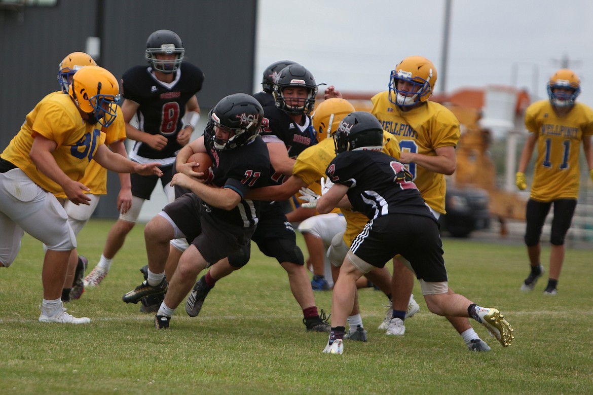 The ACH offense moves into the endzone during the goal line portion of Friday’s jamboree in Coulee City.