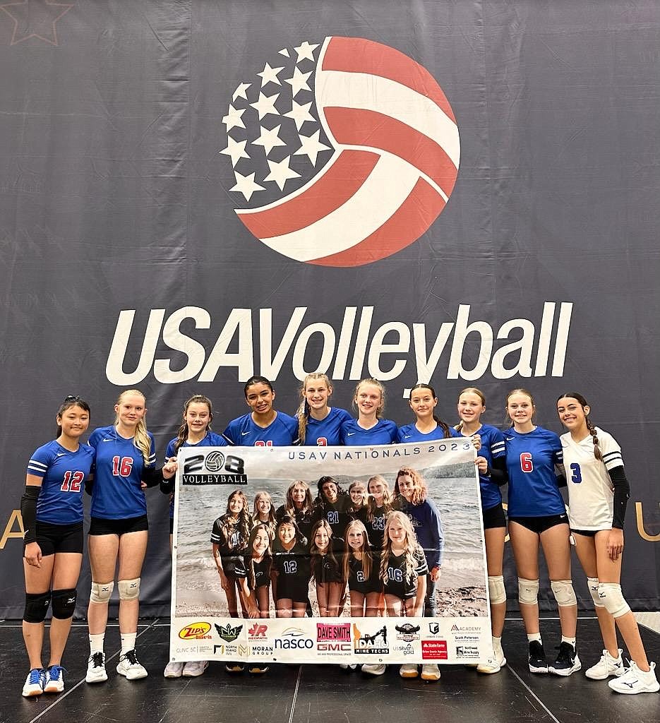 Courtesy photo
The 208 Volleyball Club’s U12 Elite team entered the American 12s Division of USAV Girls Junior National Championship in Minneapolis ranked 50th and finished tied for fifth. From left are Sonia-Rei Fong, Lilly Fletcher, Gretah Angle, Ellie Fangman, Everlee Powell, Peyton Barclift, Ella Jeanselme, Danica Pratt, Ella Yrjana and Jade Laos.