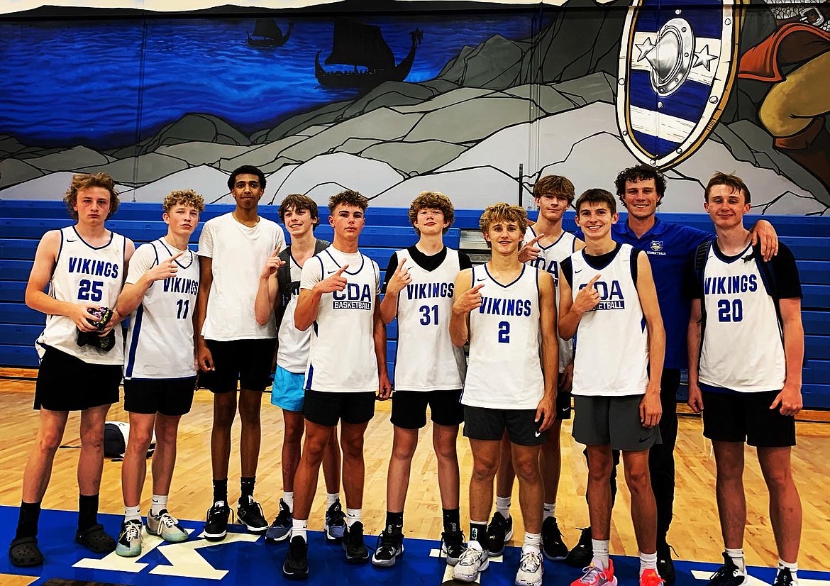 Courtesy photo
Coeur d'Alene High won the junior varsity boys division at the third annual Coeur d'Alene Summer Shootout last weekend. From left are Preston Henry, Zane Willingham, Maxwell Reilly, Eli Abell, Alex McCall, Stockton Montague, Ben Murray, Levi Murphey, Davis Whitaker, coach Isaiah Sovereign and Reed Sylte.