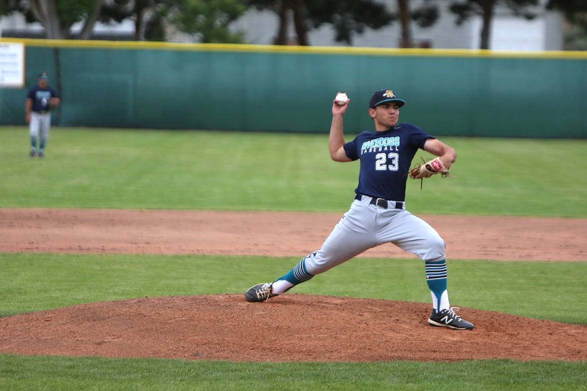 River Dog pitcher Cooper Hancock pitches against North Spokane on Saturday evening in Ephrata.