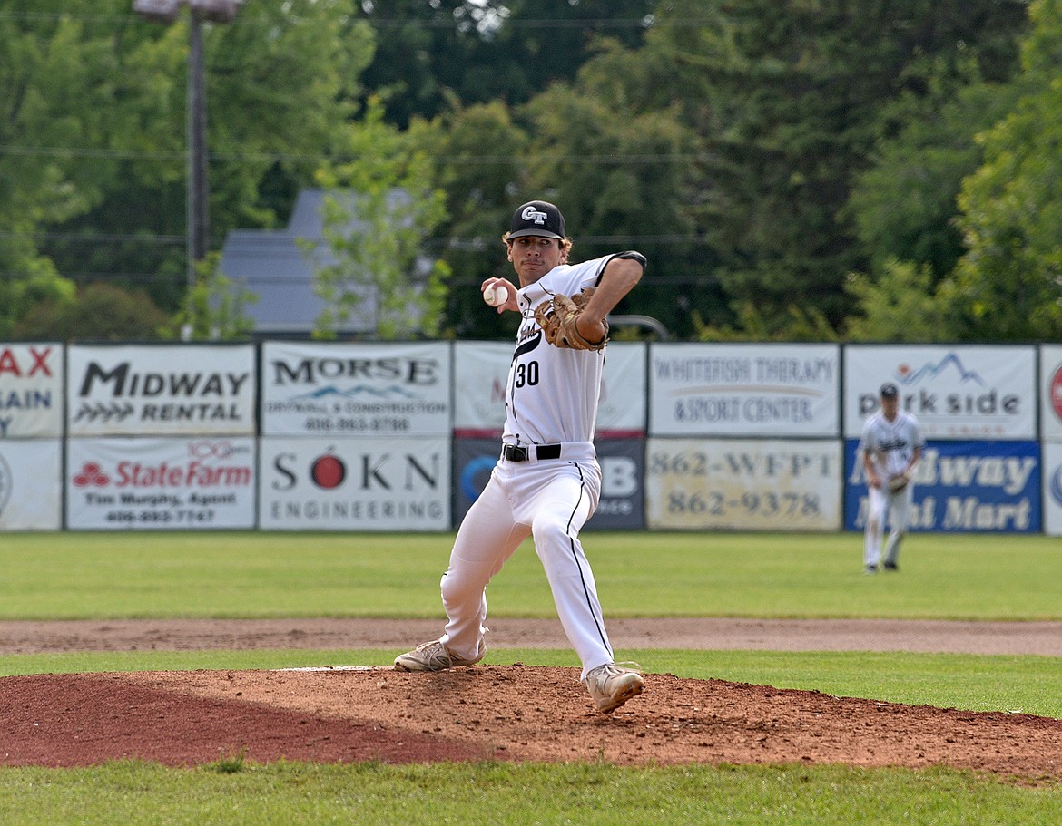 Twins' pitcher Micheal Miller on the mound in a game against Libby on Thursday at Memorial Field. (Whitney England/ Whitefish Pilot)