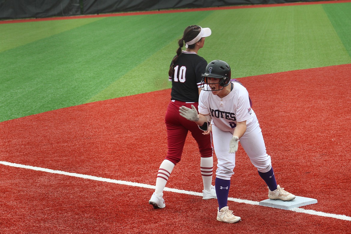 COLLEGE OF IDAHO ATHLETIC COMMUNICATIONS
College of Idaho shortstop Haley Loffer reacts after advancing to third base during a game against Southern Oregon in the Cascade Collegiate Conference tournament on May 5 in Klamath Falls, Ore.