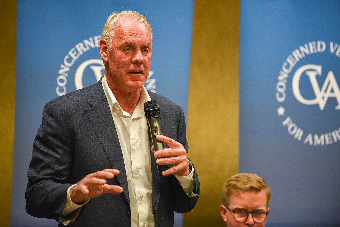 U.S. Rep. Ryan Zinke speaks at a town-hall about the Veterans Affairs health care system at an event hosted by Concerned Veterans for America in Kalispell on June 19, 2023. (Kate Heston/Daily Inter Lake)