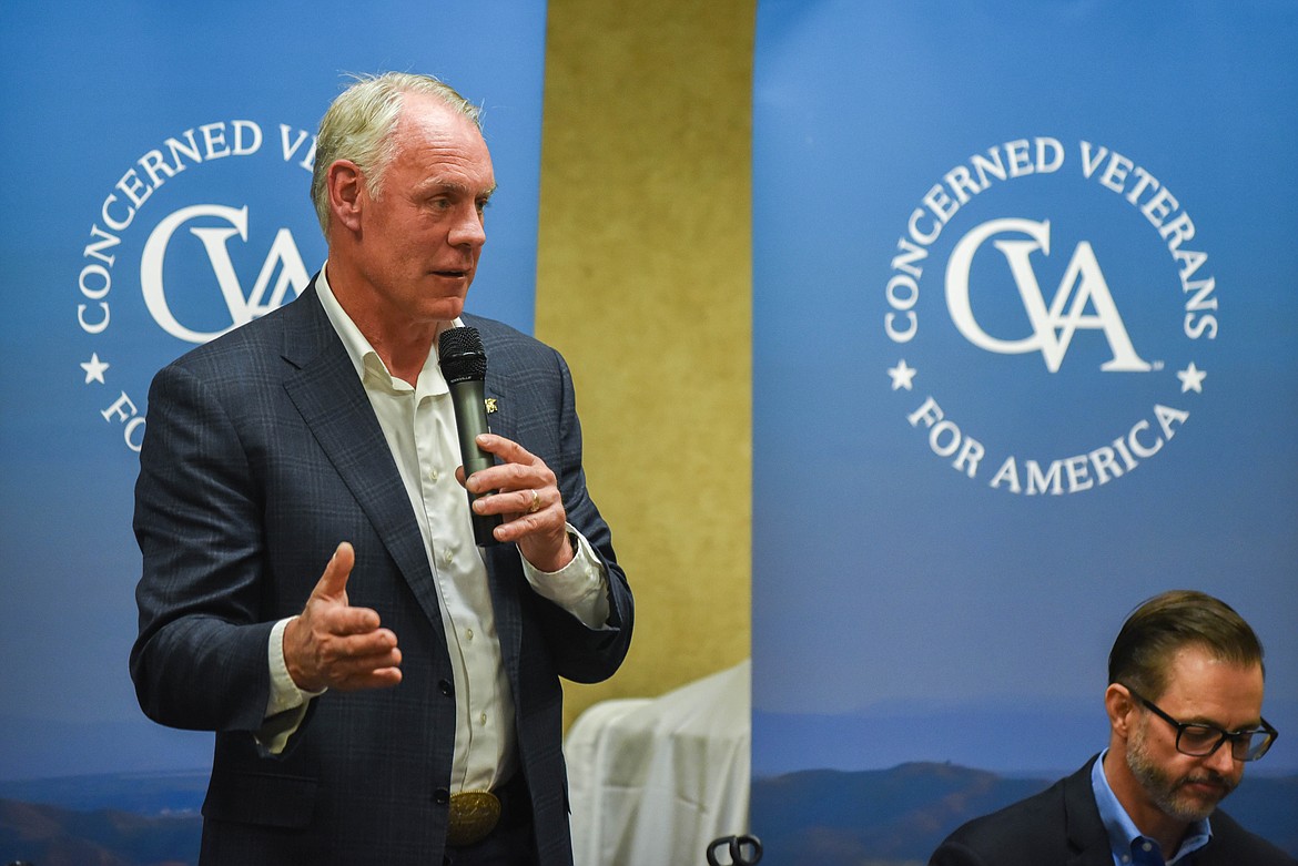 U.S. Rep. Ryan Zinke speaks at a town-hall about the Veterans Affairs health care system at an event hosted by Concerned Veterans for America in Kalispell on June 19, 2023. (Kate Heston/Daily Inter Lake)