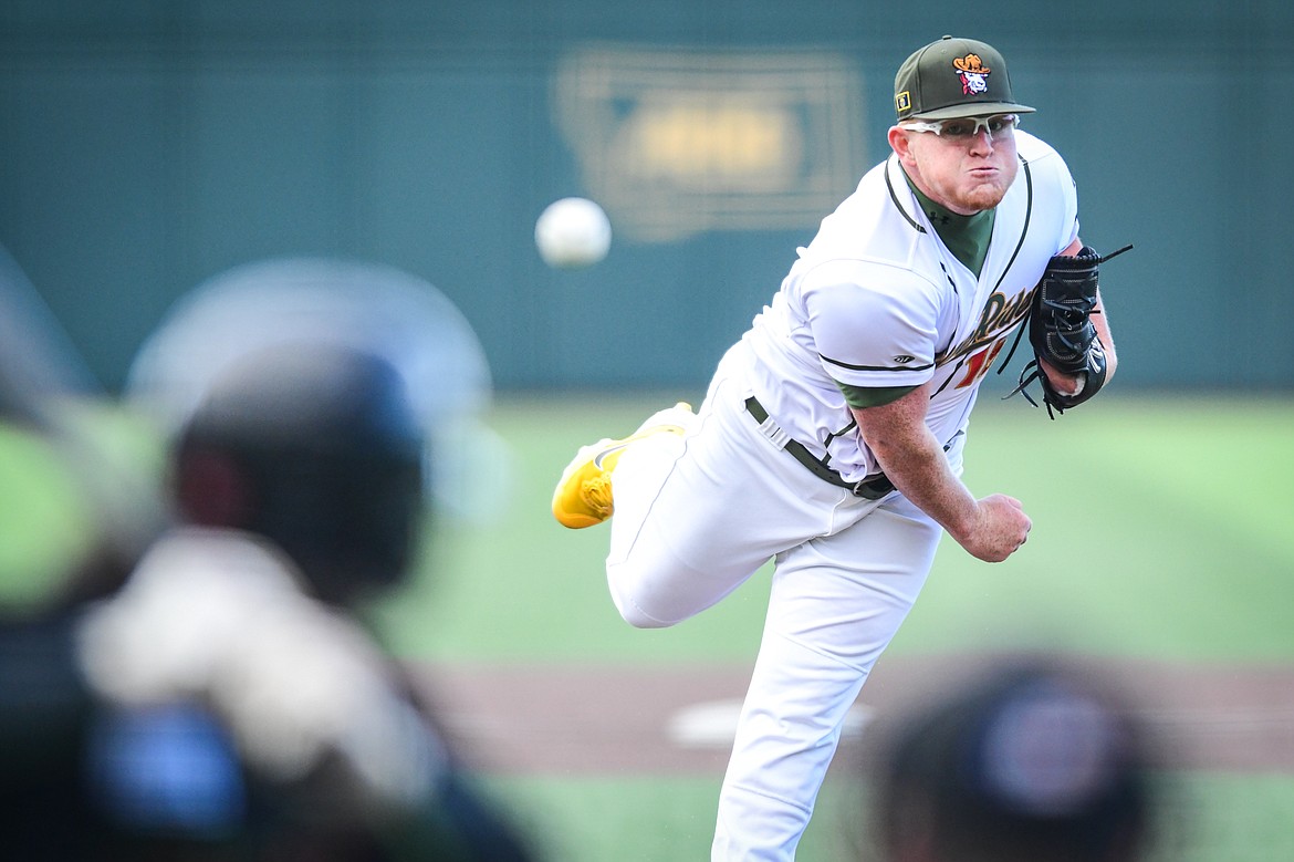 Glacier starting pitcher Pat Miner (15) delivers in the first inning against the Great Falls Voyagers at Glacier Bank Park on Wednesday, June 21. (Casey Kreider/Daily Inter Lake)