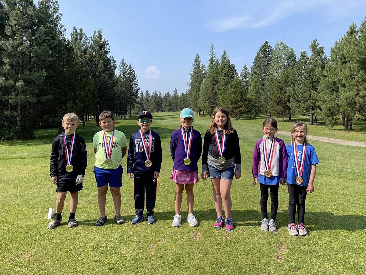 Here are the drive, chip and putt medalist in the 9-and-under group from Cabinet View Golf Club's Junior Golf Clinic. From left, are Tysin Leckrone, boys first place; Caddis Karoglanian, second place; Drake Morford, third place; Brielle Holzer, girls first place; Aliyah Soete, second; Olivia Berschneider and Willow Fahland, tied for third. (Photo courtesy Cabinet View Golf Club)