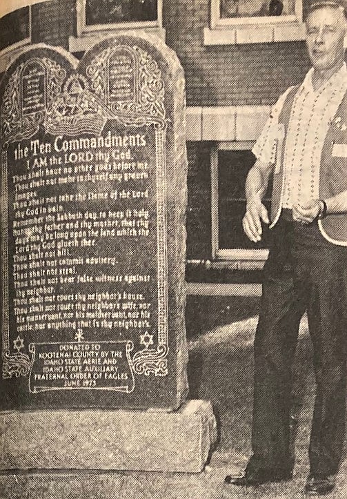 Coeur d’Alene Eagles president Harry Fletcher with Ten Commandments.