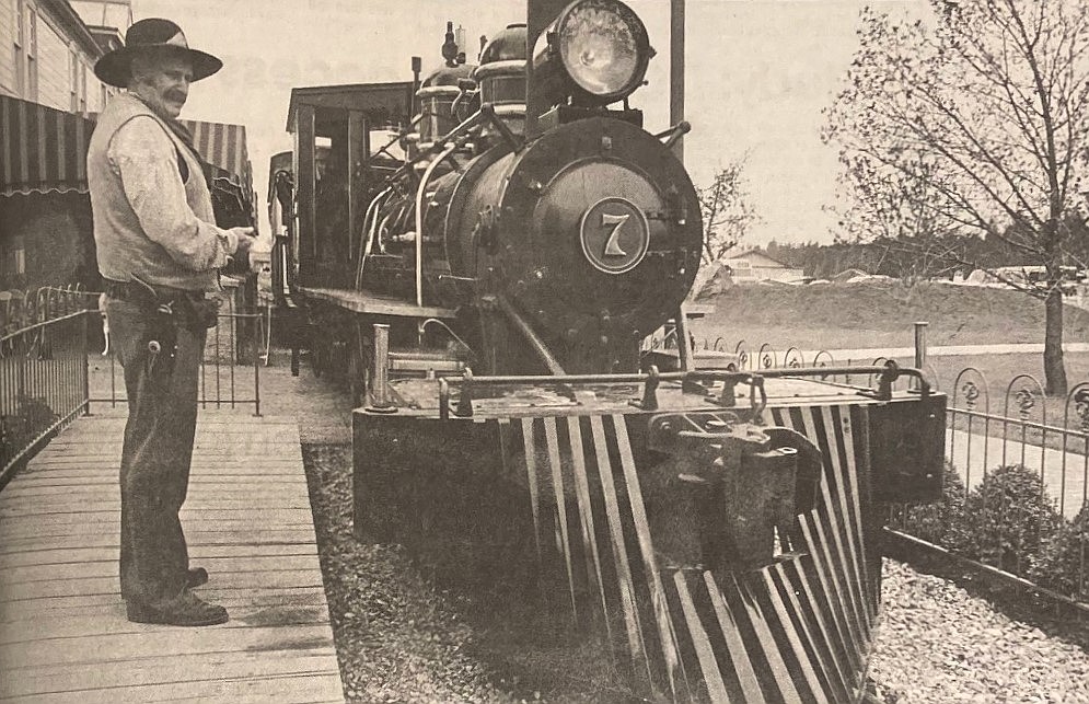 "Marshal" Bill Standish welcomes the Silverwood train to its depot after a staged robbery took place.