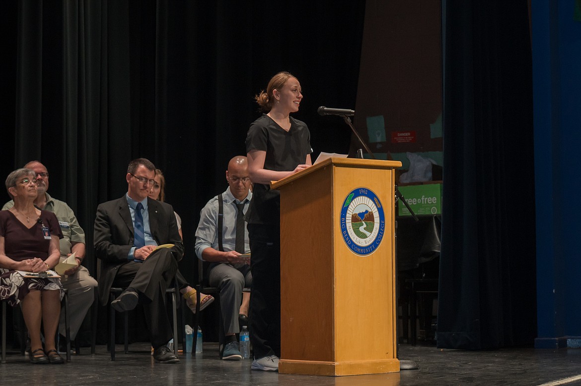 Nursing student speaker Jordyn Ragan addresses graduation attendees and her classmates at last Friday's Viking graduation ceremony.