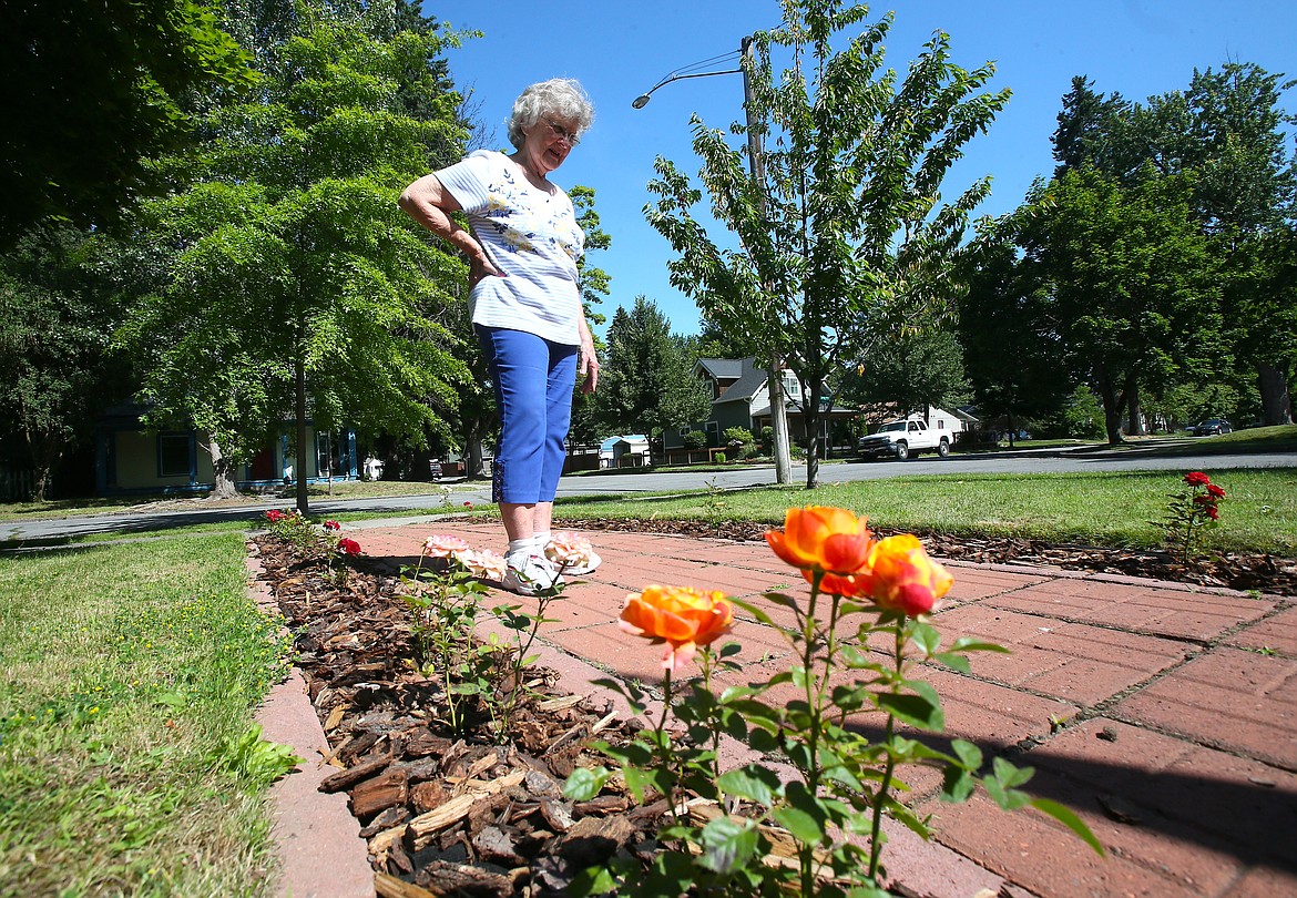 Helena Stokey, 86, smiles Friday afternoon as she looks over the roses along her walkway. She was surprised to see vibrant orange roses emerge where no rose bush was previously planted. “I’ve never had this color. It’s like orange sherbet,” she said with a chuckle.