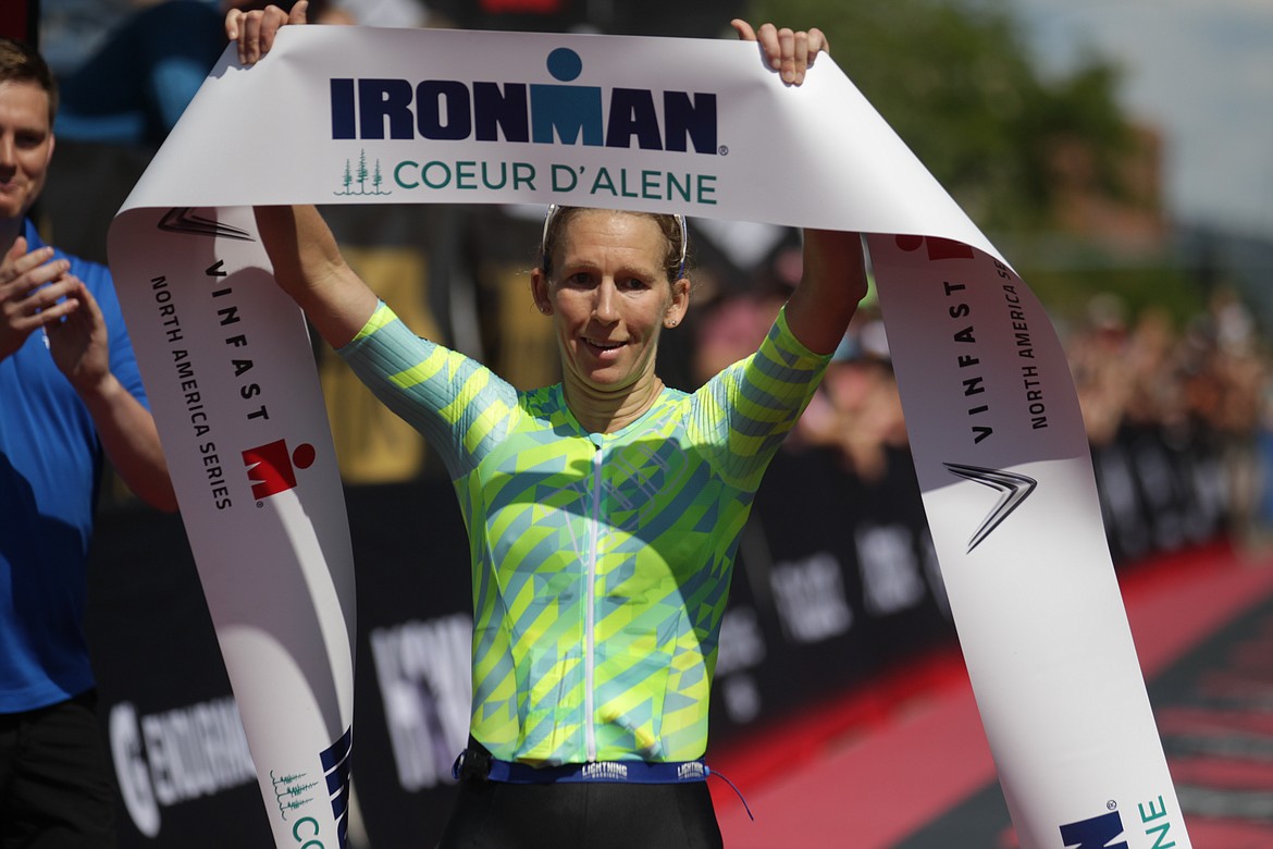 JASON ELLIOTT/Press
Professional female champion Jodie Robertson crosses the finish line in Sunday's 20th edition of the Ironman Coeur d'Alene triathlon in 9 hours, 7 minutes and 31 seconds.