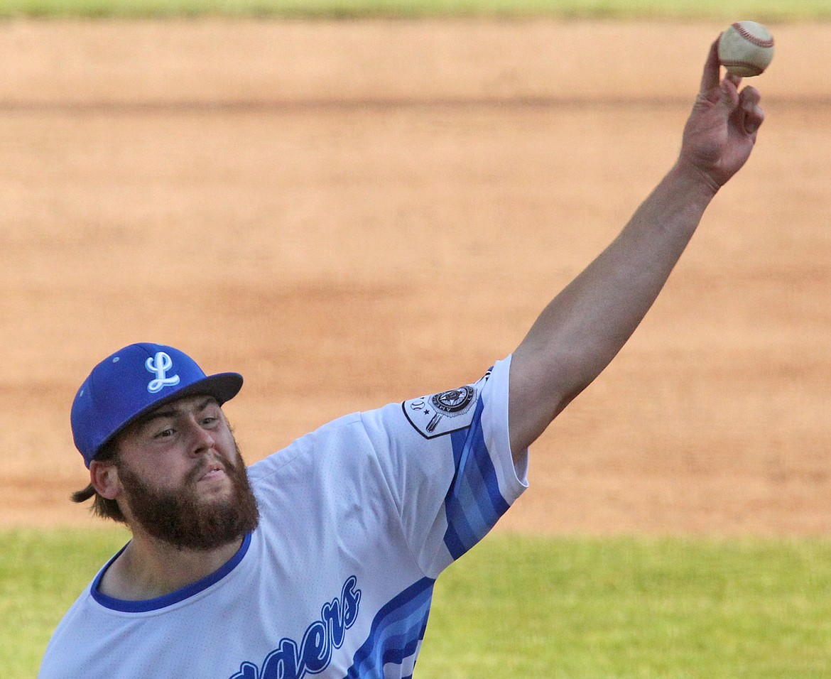 Libby relief pitcher Hunter Lindsey delivers to Bitterroot's Roy Combs Jr. in the fourth inning Saturday in the Big Bucks Tournament at Lee Gehring Field. The Bucs won, 5-0.(Paul Sievers/The Western News)