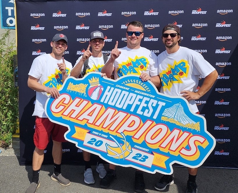 The 'Old Dogs' led by Priest River Athletic Director, Chris Taylor, are crowned Hoopfest champions after winning their bracket. Left to right, Chris Taylor, AJ Bennett, Mat Lawrence, Stefan Buratto.