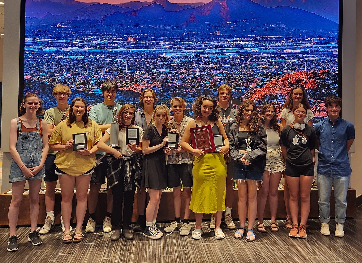 Flathead High School students hold some of the awards won at the National Speech and Debate Association national tournament in Arizona: Emmary Faerber, Rachel Ottman, Adina Olson, Collin Olson, Jasmine Anderson. There were 16 qualifiers from FHS who competed with the team bringing home the 2023 School of Honor Award. (Courtesy photo)