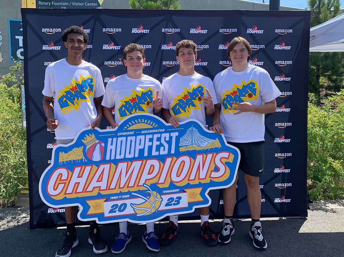 Courtesy photo
Team MakeaSwishFoundation went undefeated in their male elite varsity bracket at Hoopfest last weekend in downtown from Spokane. "They were accidentally put in the elite division and thought they were going to get crushed," said Christina Zabel, who submitted the photo. "That made the win all the more exciting." All four are incoming juniors at Coeur d’Alene High. From left are Maxwell Riley, 15, Coeur d'Alene; Tucker Booth, 16, Coeur d'Alene; Kai Wheeler, 16, Coeur d'Alene; and Chris Zabel, 16, Hayden.