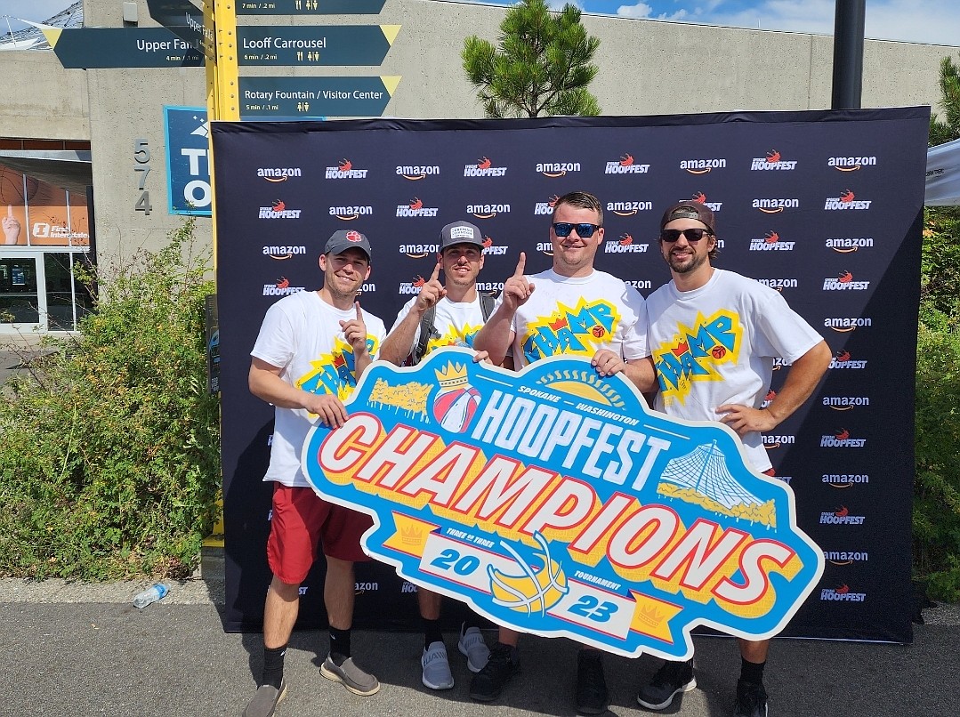 Courtesy photo
Team Old Dogs won their men's division bracket at Hoopfest last weekend in downtown Spokane. From left are Chris Taylor (Coeur d'Alene), AJ Bennett (Coeur d'Alene), Mat Lawrence (Sandpoint) and Stefan Buratto (Sandpoint). Bennett is a 2008 Bonners Ferry High grad, Lawrence a 2008 Sandpoint High grad, and Buratto is a 2010 Sandpoint High grad. Taylor is from Arizona.