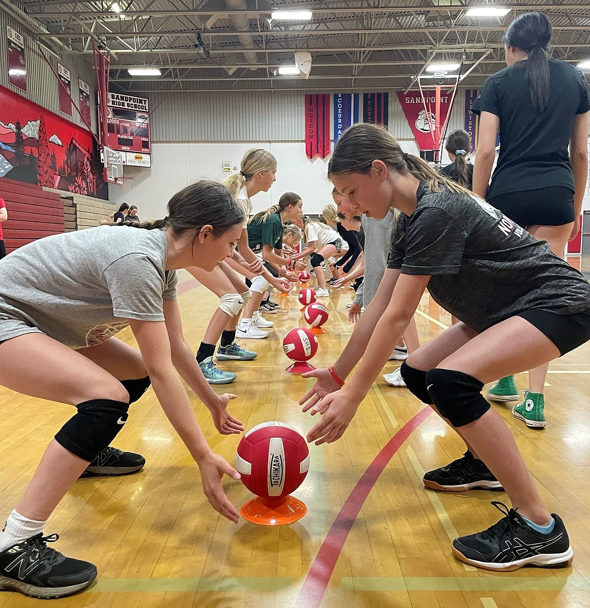 SHS youth volleyball camp attendees participate in a drill during a camp session last week.