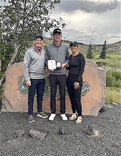 Nick Dietzen, Executive Director of the Montana State Golf Association, Ryggs Johnston and caddie Hannah Rosanova after Johnston won a qualifier at Old Works Golf Course in Anaconda. Johnston qualified for the 123rd U.S. Amateur Championship. (Photo courtesy Montana State Golf Association)