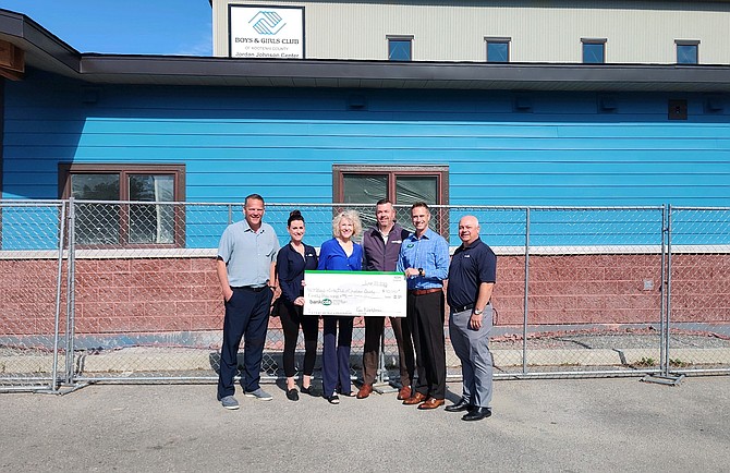 The Boys and Girls Club of Kootenai County on June 22 received a donation of $90,000 from bankcda in partnership with Federal Home Loan Bank of Des Moines. The funds will support the expansion of the Jordan Johnson Club in Post Falls. Construction began in December 2022 and is expected to be complete this September. Pictured, from left: Mark Kuhnhausen, Mikayla Mahovsky, Sandy Patano, Ryan Davis, Brad Rasor and Wes Veach.