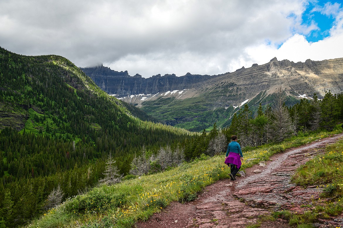 Hiking up the Ptarmigan Trail on the way to Iceberg Lake in Many Glacier on Sunday, June 18. (Casey Kreider/Daily Inter Lake)