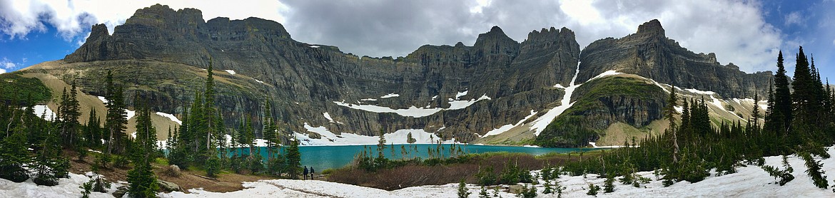Panoramic view of Iceberg Lake and the Ptarmigan Wall in Many Glacier on Sunday, June 18. (Casey Kreider/Daily Inter Lake)